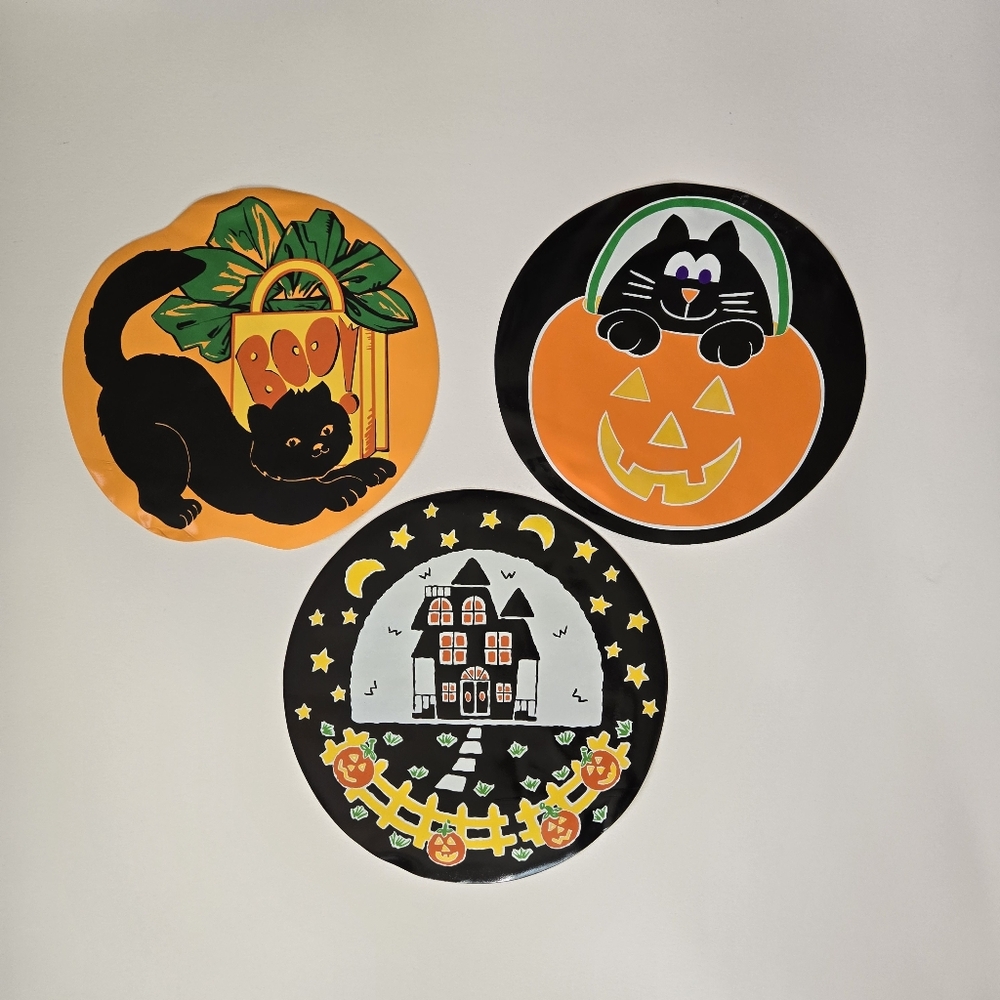 Vtg 80s Vinyl Halloween Placemats Black Cat Spooky Ghost Vinyl Nostalgia Round‎